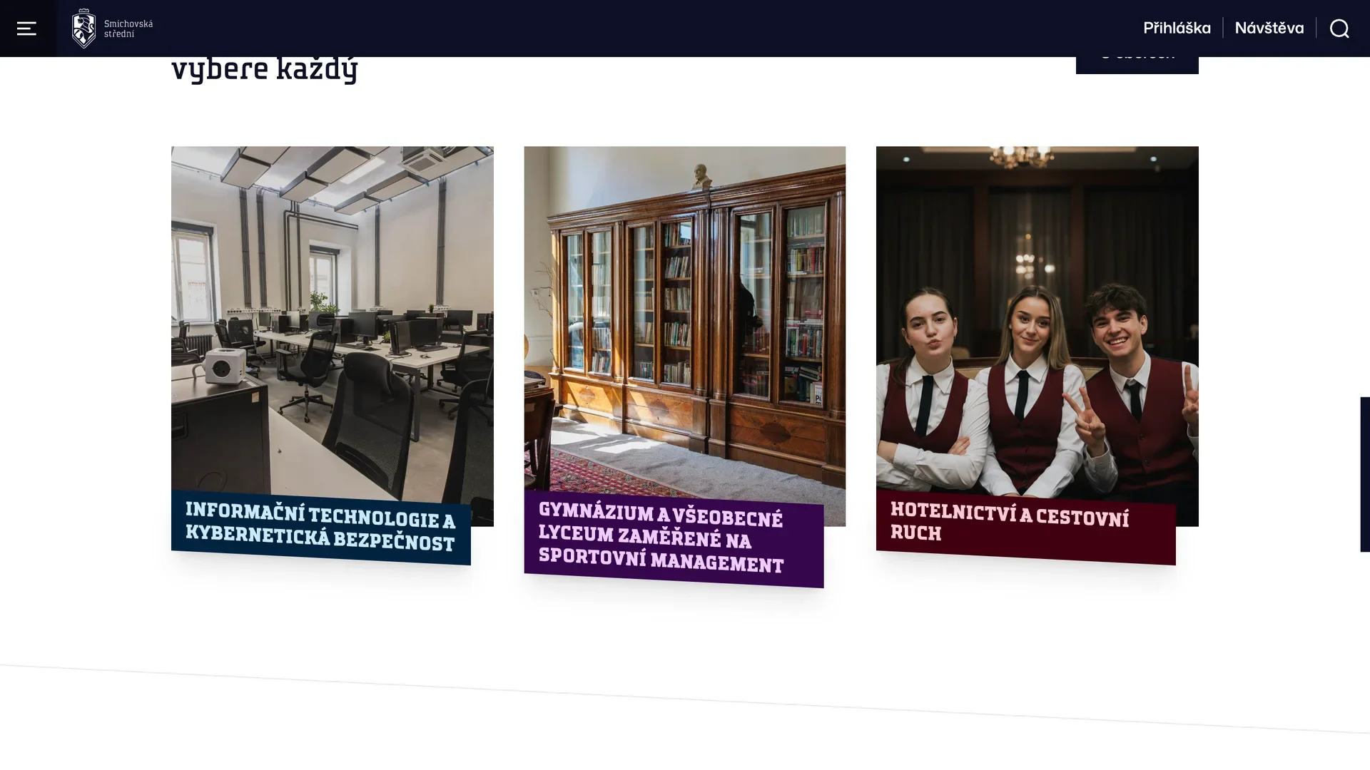 SSPŠ website: the We offer a wide range of fields section with three field cards