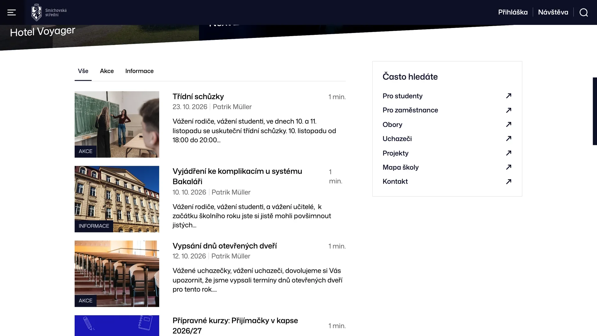 SSPŠ website: news split into events and information and the Frequently searched block