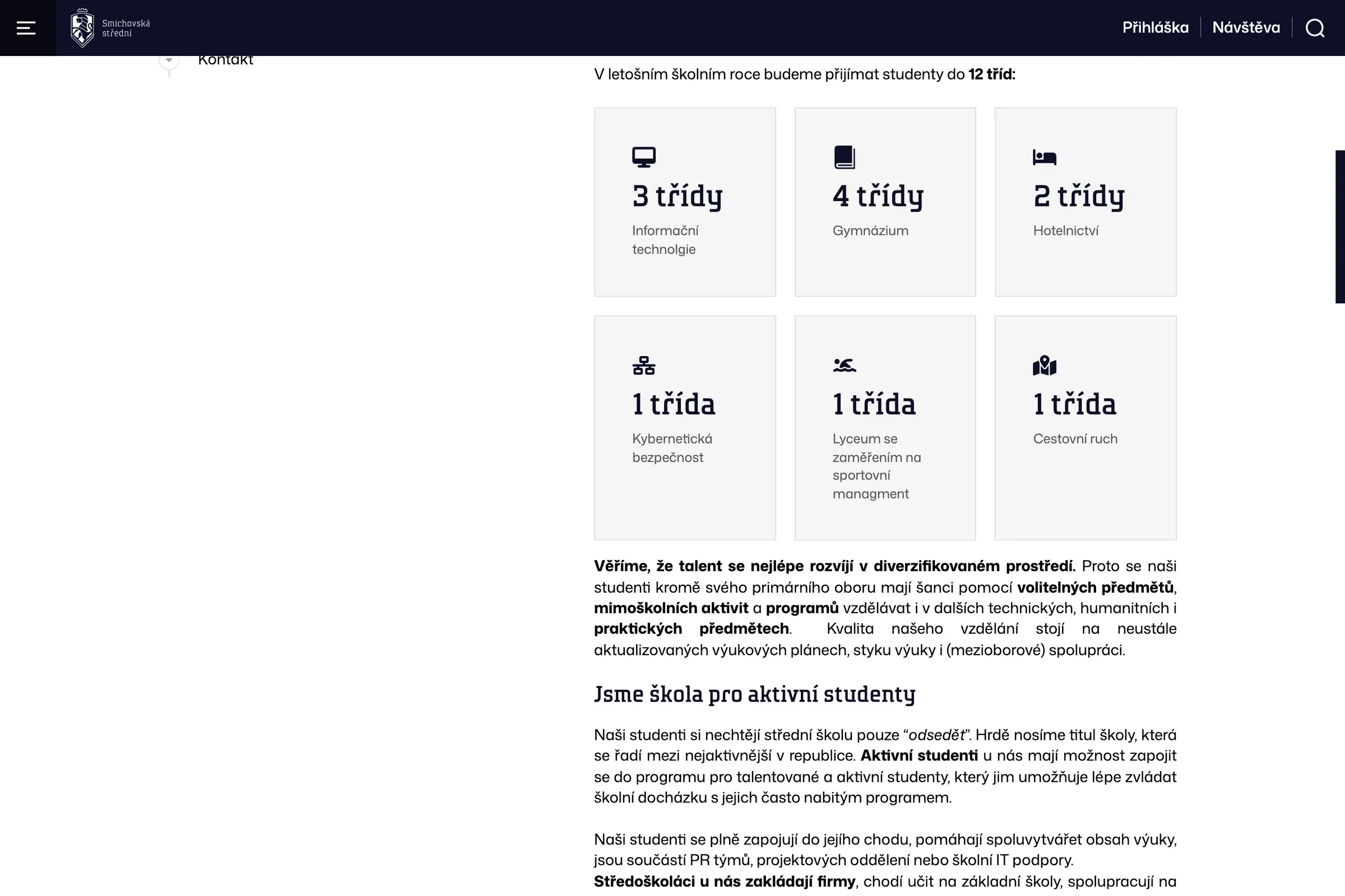 The Applicants page: the number of classes admitted by field