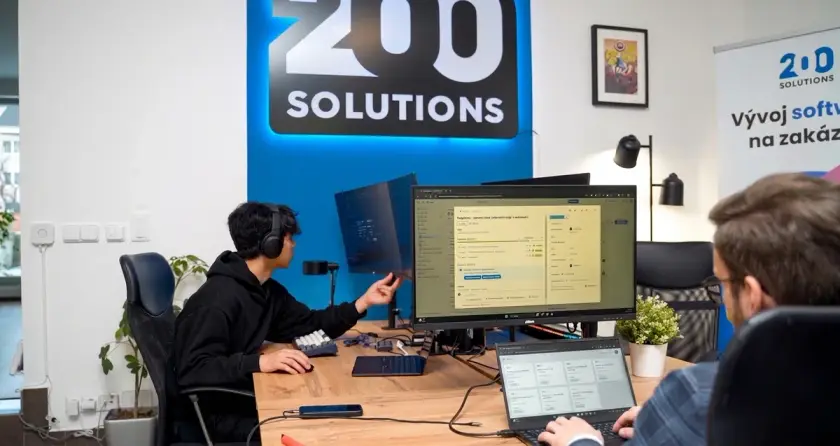 Розробники за столом під логотипом 200solutions
