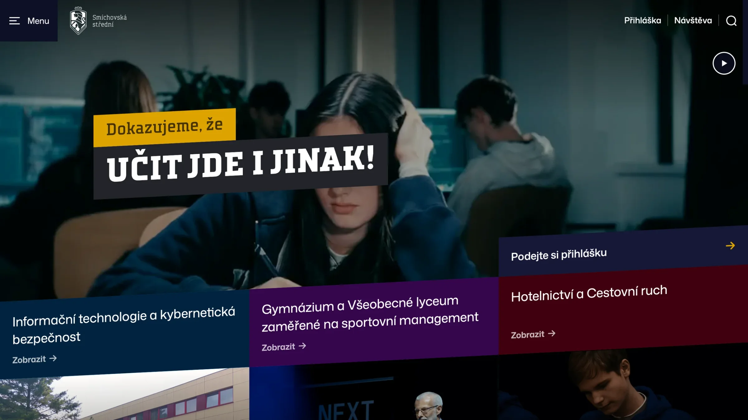 The SSPŠ homepage: the slogan We prove that teaching can be done differently, a photo of a student and links to the fields of study and the application