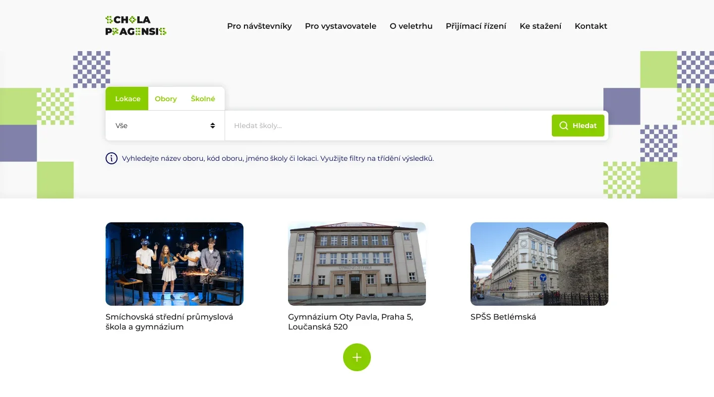 Schulsuche auf der Website mit den Filtern Ort, Fachrichtungen und Schulgeld und den ersten Ergebnissen