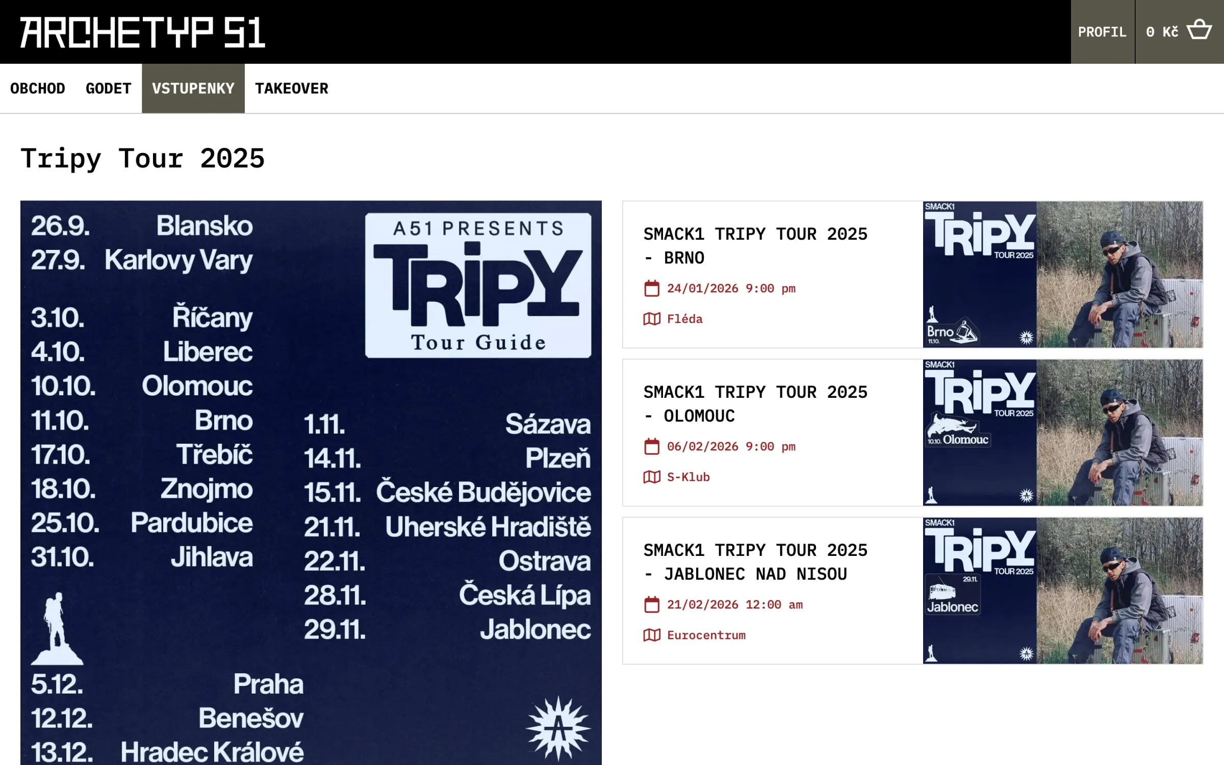 Stránka Tripy Tour 2025: plakát s termíny turné od Blanska po Hradec Králové a vedle něj koncerty v Brně, Olomouci a Jablonci nad Nisou s datem a klubem