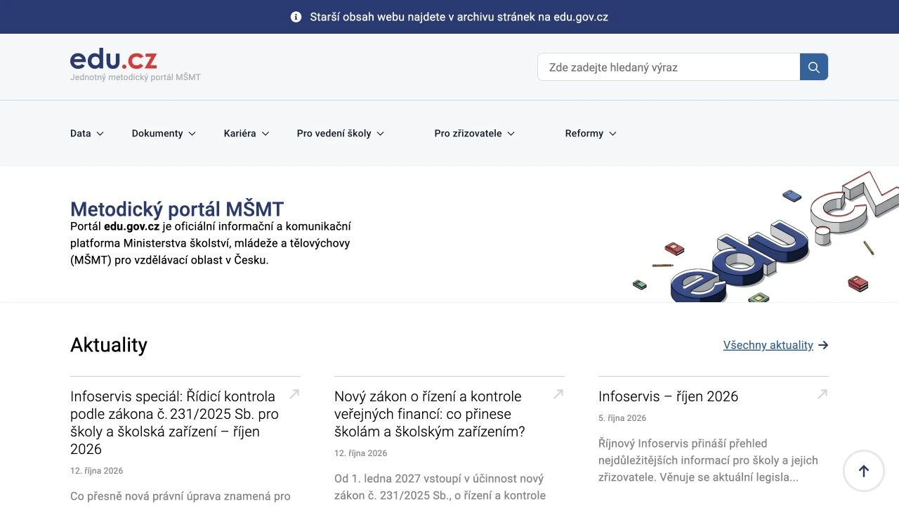 Startseite des Methodikportals edu.gov.cz mit fachlichen Informationen und Neuigkeiten