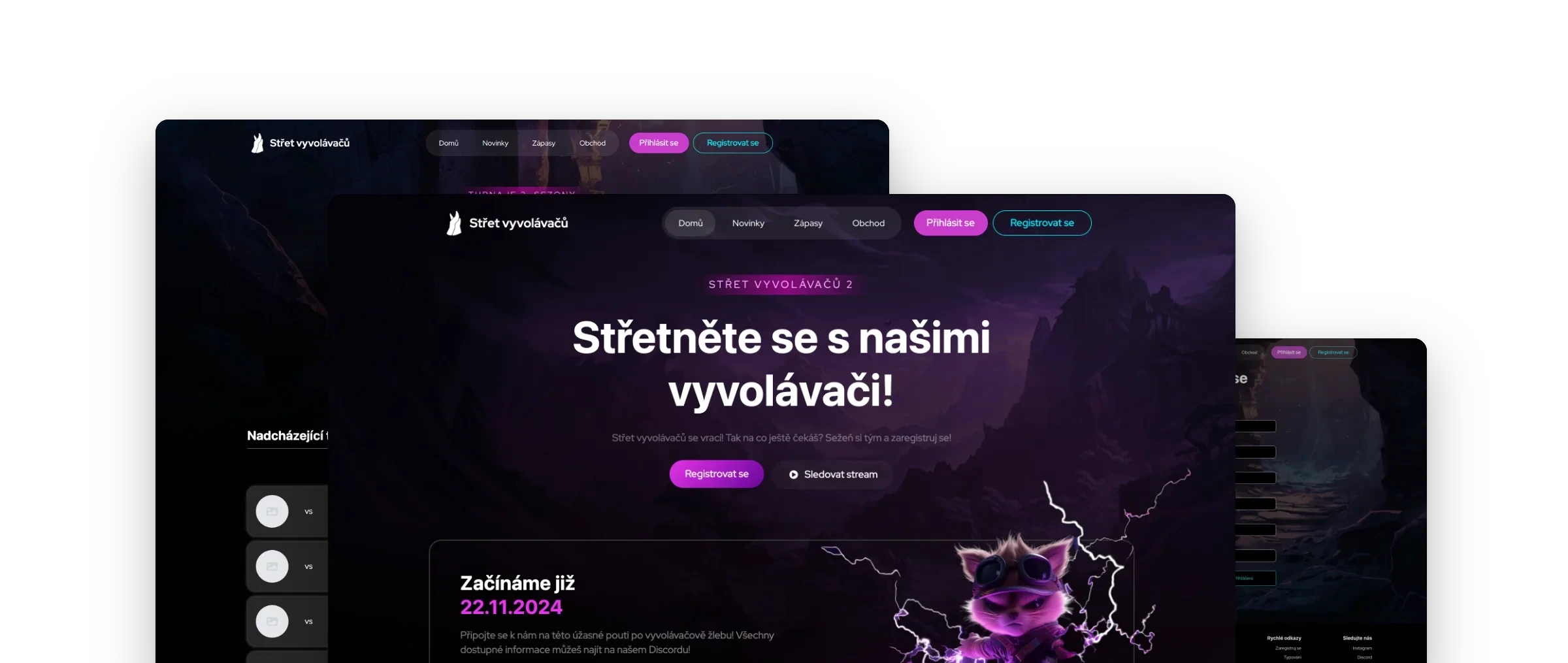 Obrazovky webu Střet vyvolávačů poskládané přes sebe: vpředu úvod Střetněte se s našimi vyvolávači!, za ním turnaje v League of Legends a registrace hráče
