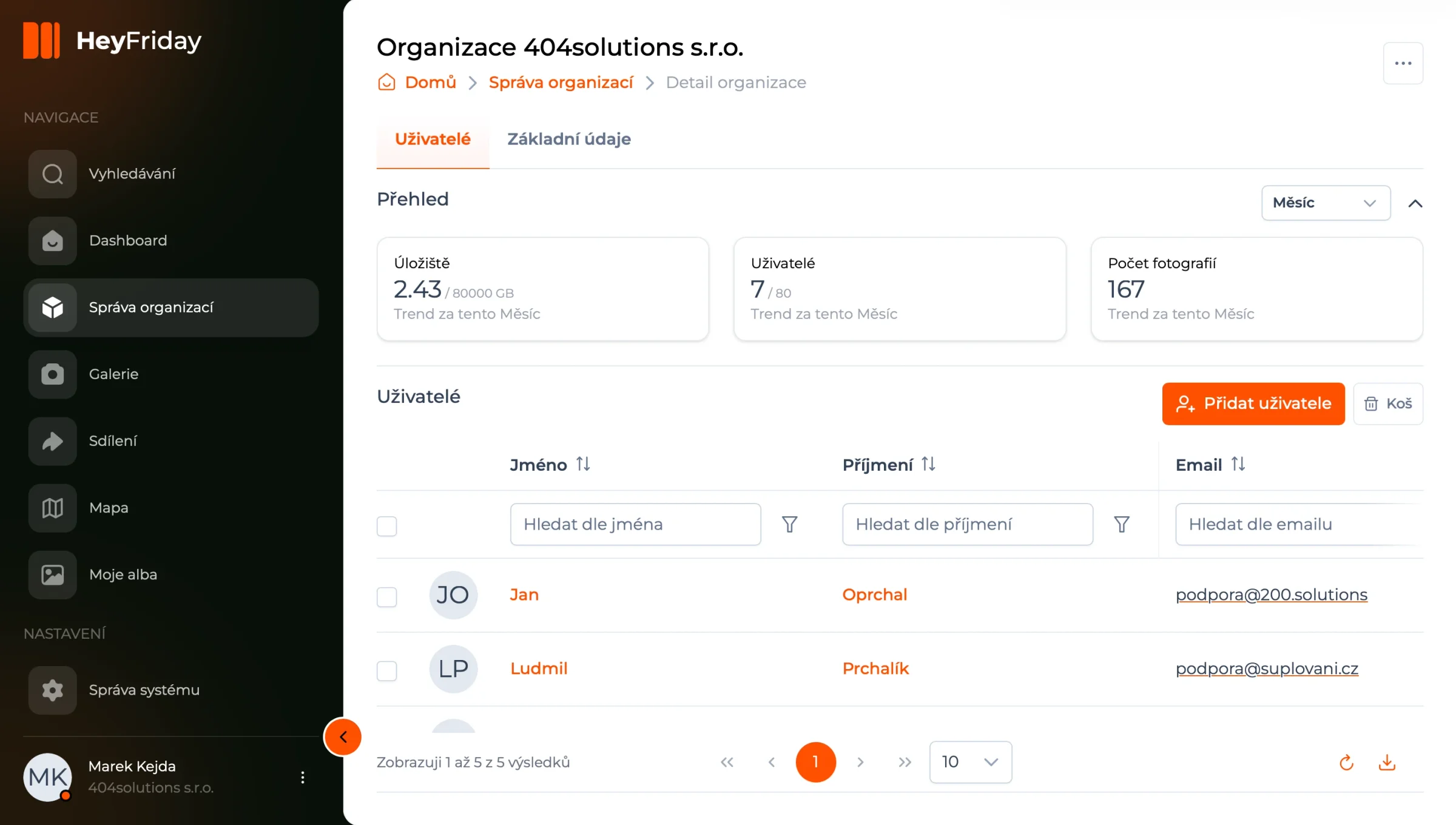 Organisation detail: an overview of storage used, the number of users and photos, with a table of users below