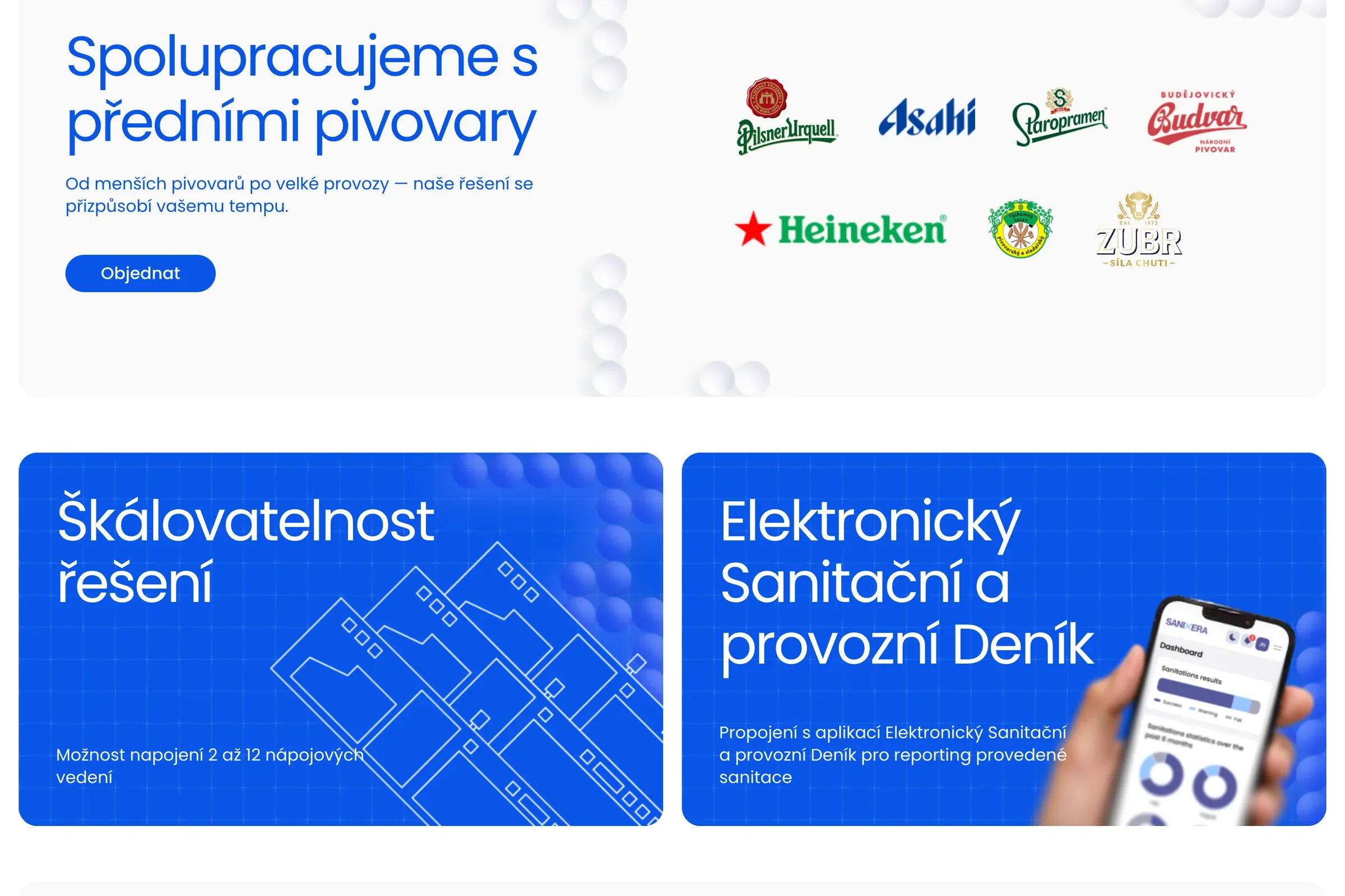 Referencie pivovarov a sekcie Škálovateľnosť riešenia a Elektronický sanitačný a prevádzkový denník