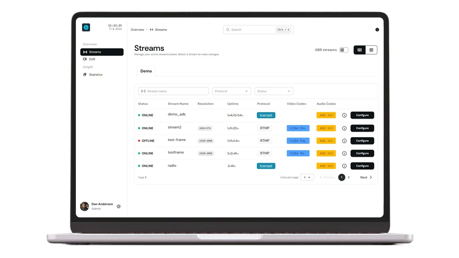 QuickMedia Client: список стрімів зі станом, протоколом і кодеками