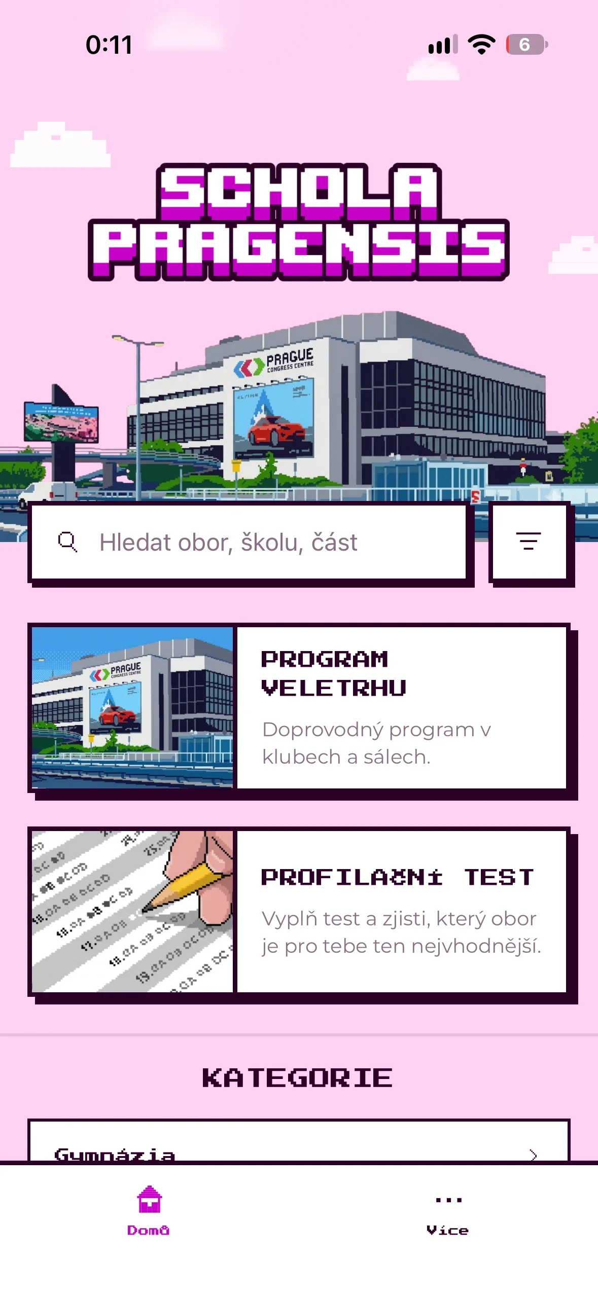 The app home screen with the pixel Congress Centre, search, the fair programme and the profiling test