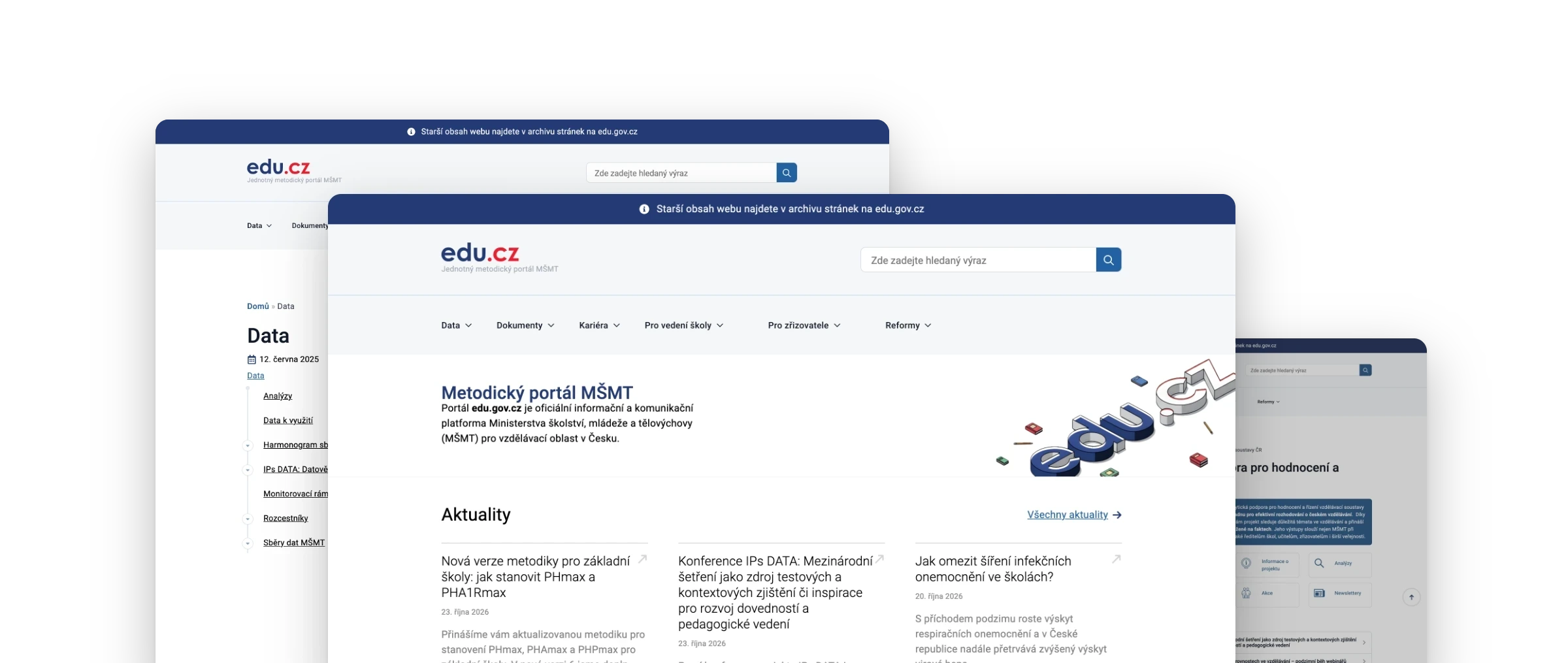 Übereinander gestapelte Bildschirme des Portals edu.gov.cz: die Startseite mit Neuigkeiten, der Wegweiser Data und die Seite IPs DATA