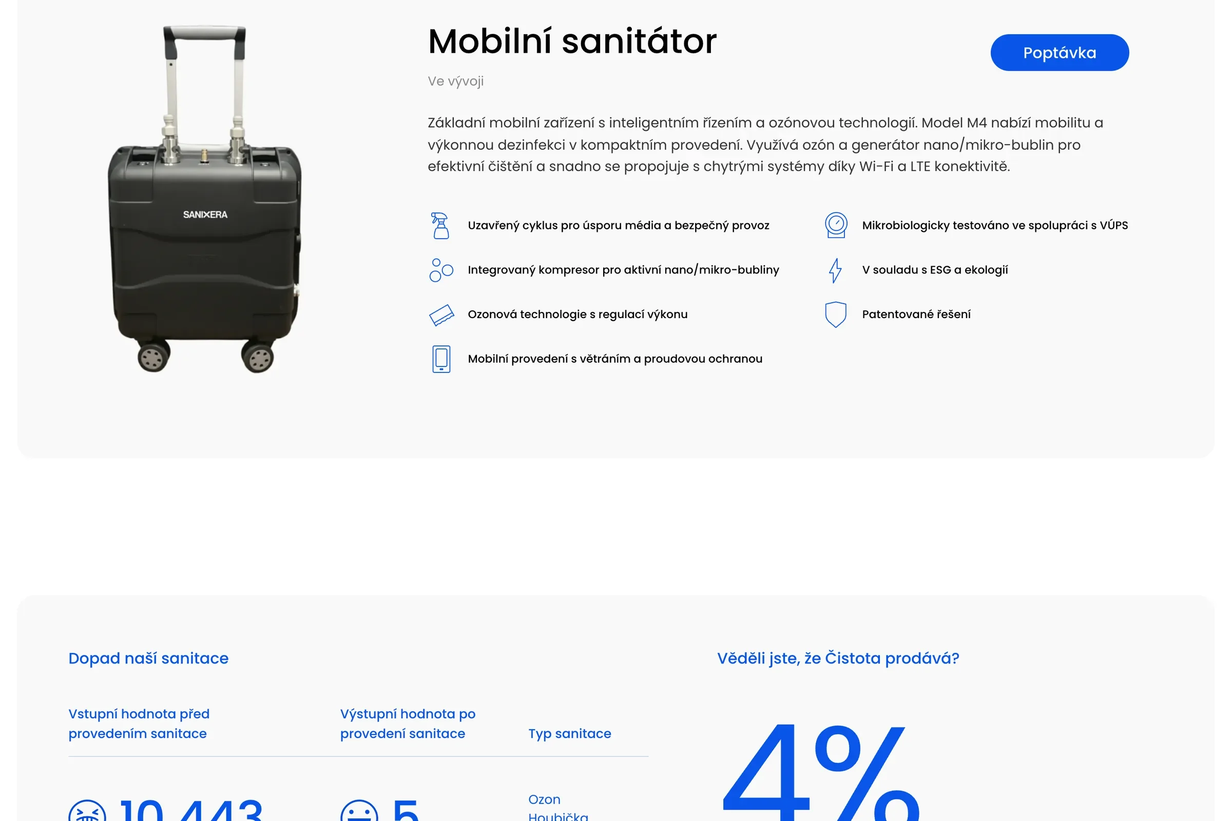 Seite Ozur Clean: Bereich „Mobiler Sanitisierer“ mit dem Koffergerät