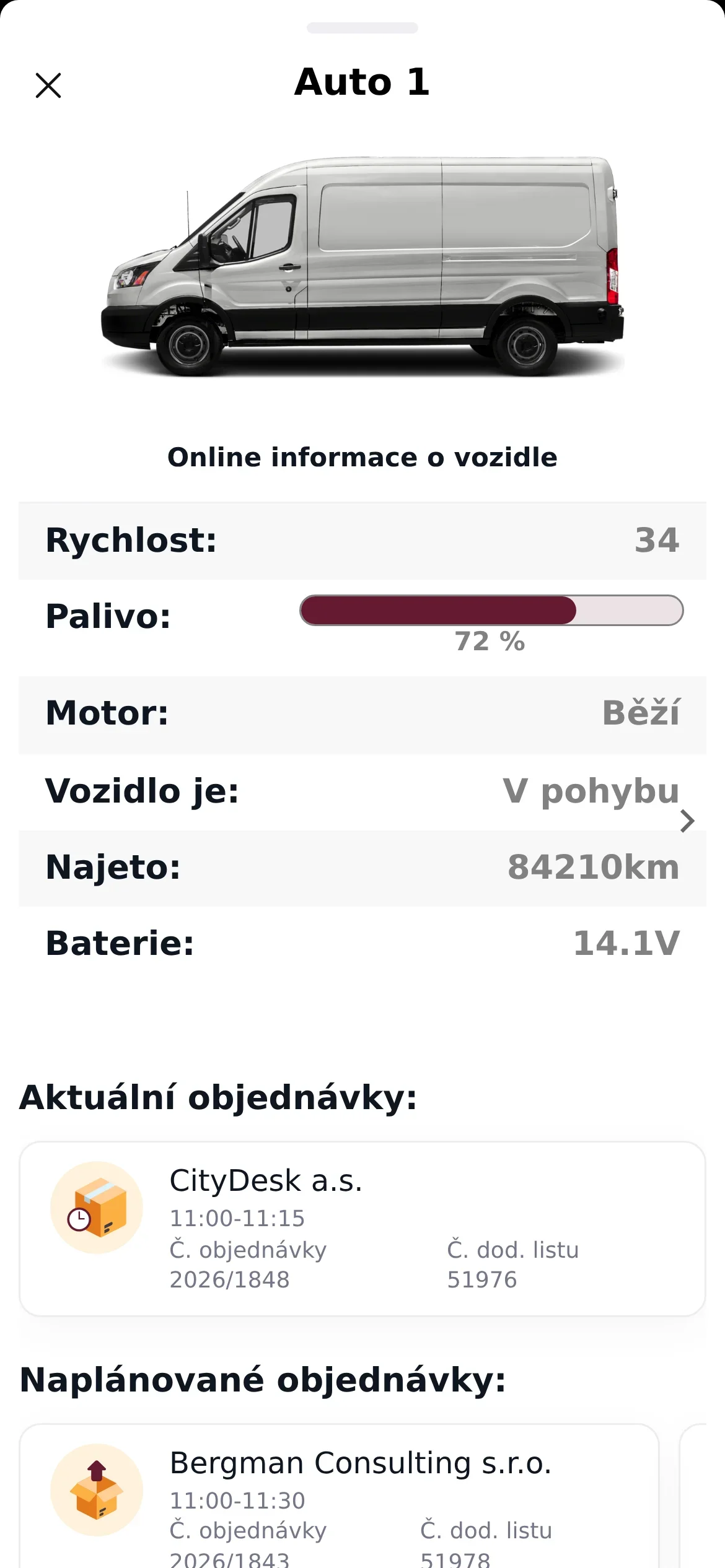 Деталь авто з фотографією фургона та онлайн-даними: швидкість, пальне, двигун, стан авто, пробіг і напруга акумулятора, під ними поточні та заплановані замовлення машини