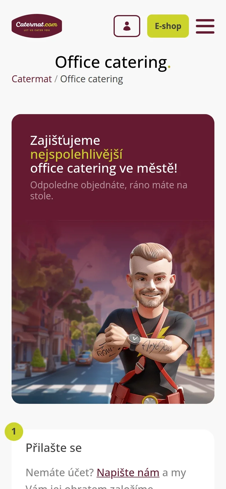 Stránka Office catering v mobilním zobrazení