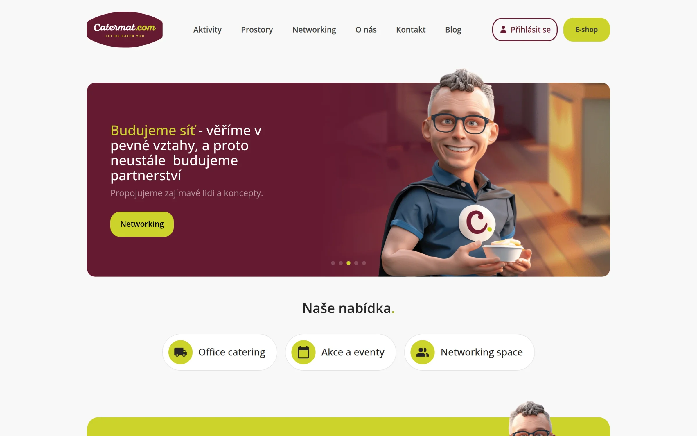 Hero homepage catermat.com s 3D maskotem s šálkem kávy