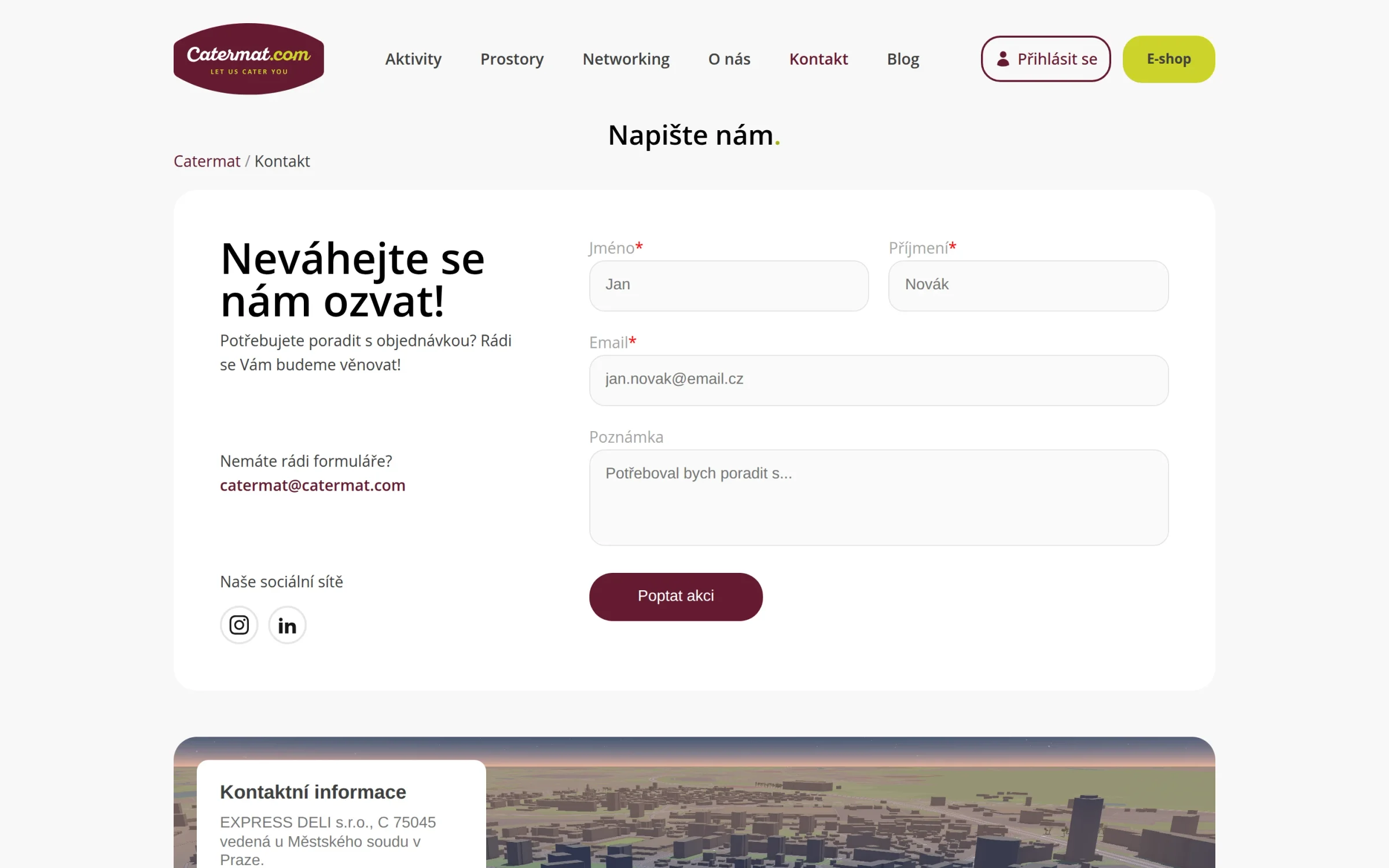 Kontaktní stránka s formulářem a údaji EXPRESS DELI s.r.o.
