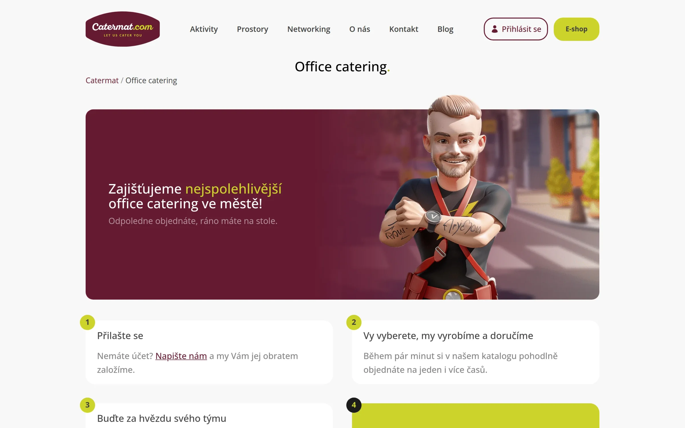 Stránka Office catering na catermat.com s heslem Zajišťujeme nejspolehlivější office catering ve městě