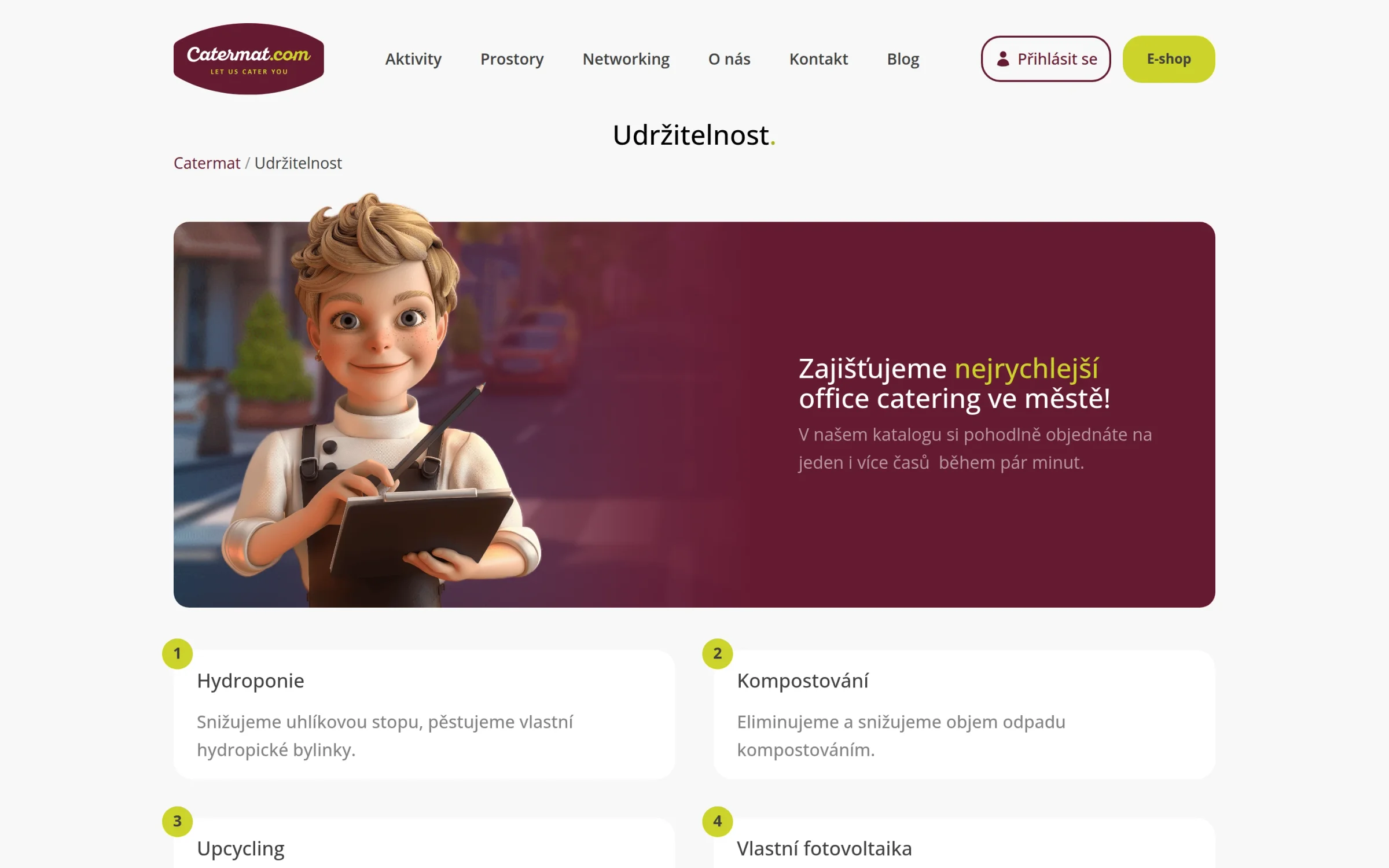 Stránka Udržitelnost na catermat.com s maskotem a přehledem zelených aktivit