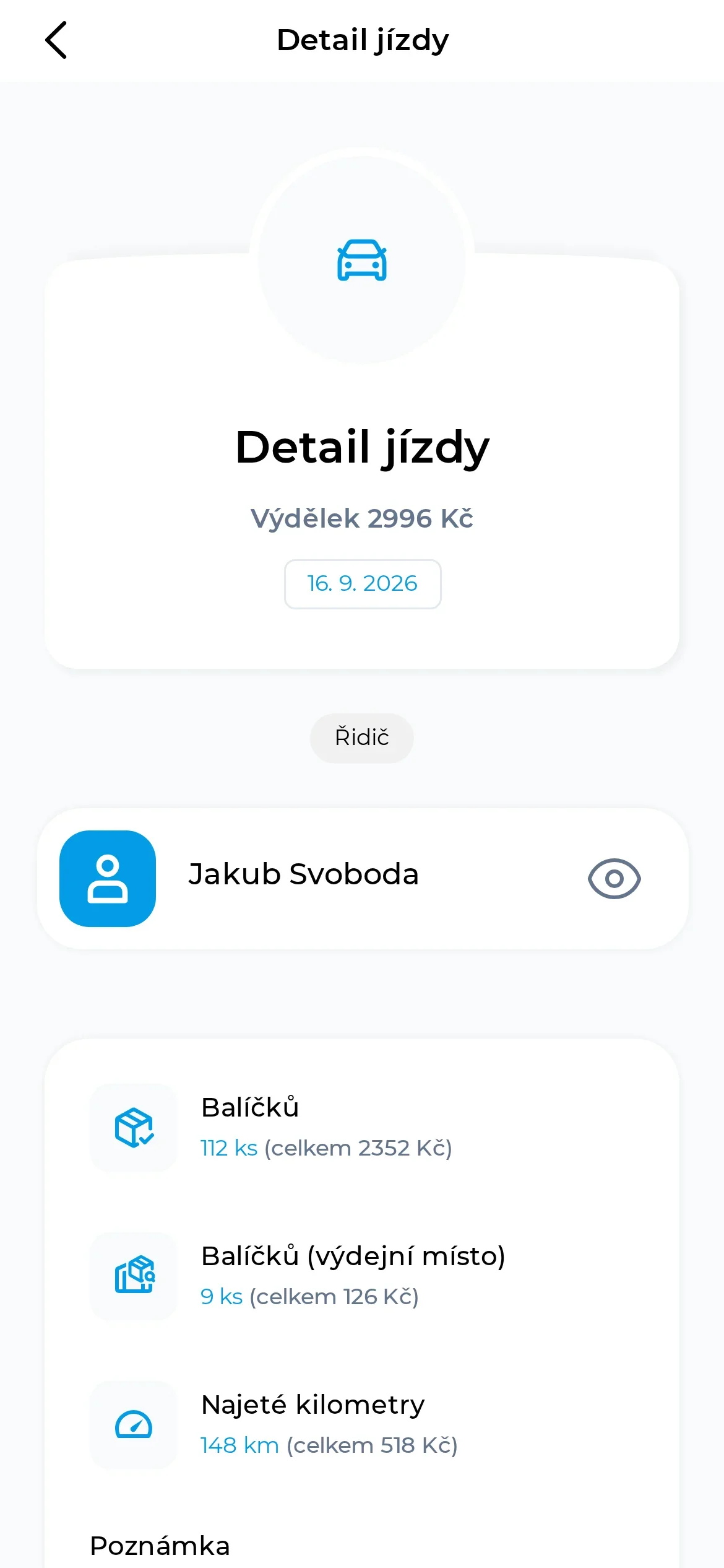 Detail jízdy s celkovým výdělkem a rozpisem po položkách: balíčky, balíčky na výdejní místo a najeté kilometry
