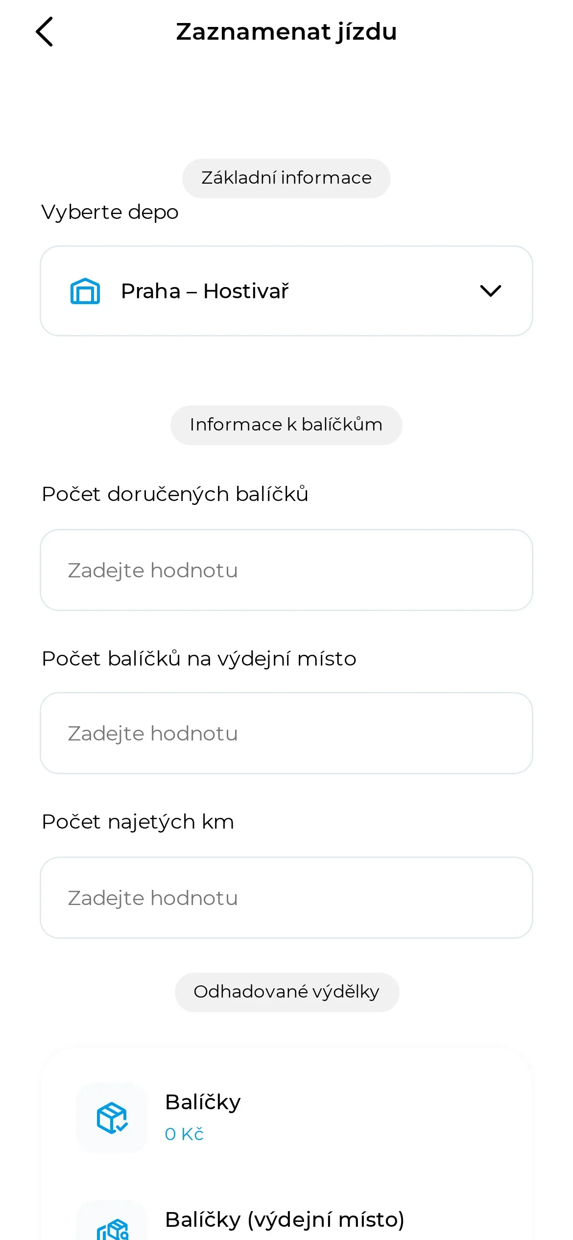 Formulář zápisu jízdy: výběr depa a pole pro doručené balíčky, balíčky na výdejní místo a najeté kilometry, dole odhadované výdělky