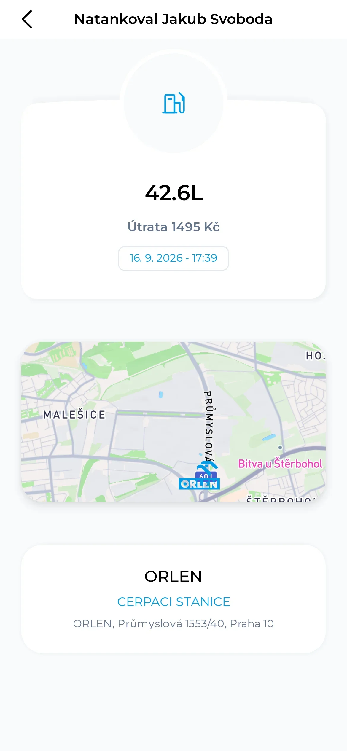 Detail tankování s litry, útratou a časem, pod ním mini-mapa s vyznačenou čerpací stanicí a její adresou