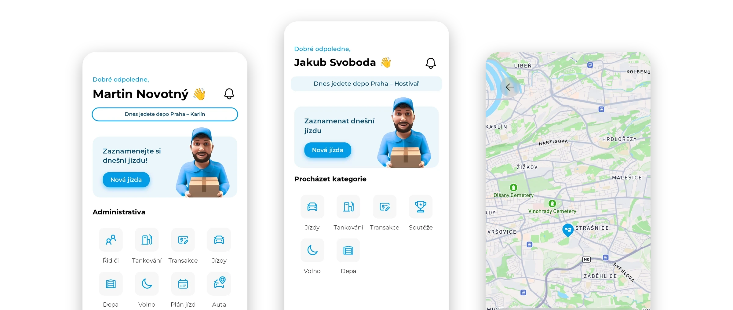 Tři obrazovky aplikace Lapetus vedle sebe: domov administrátora se správou flotily, domov řidiče s tlačítkem Nová jízda a živá mapa vozidel