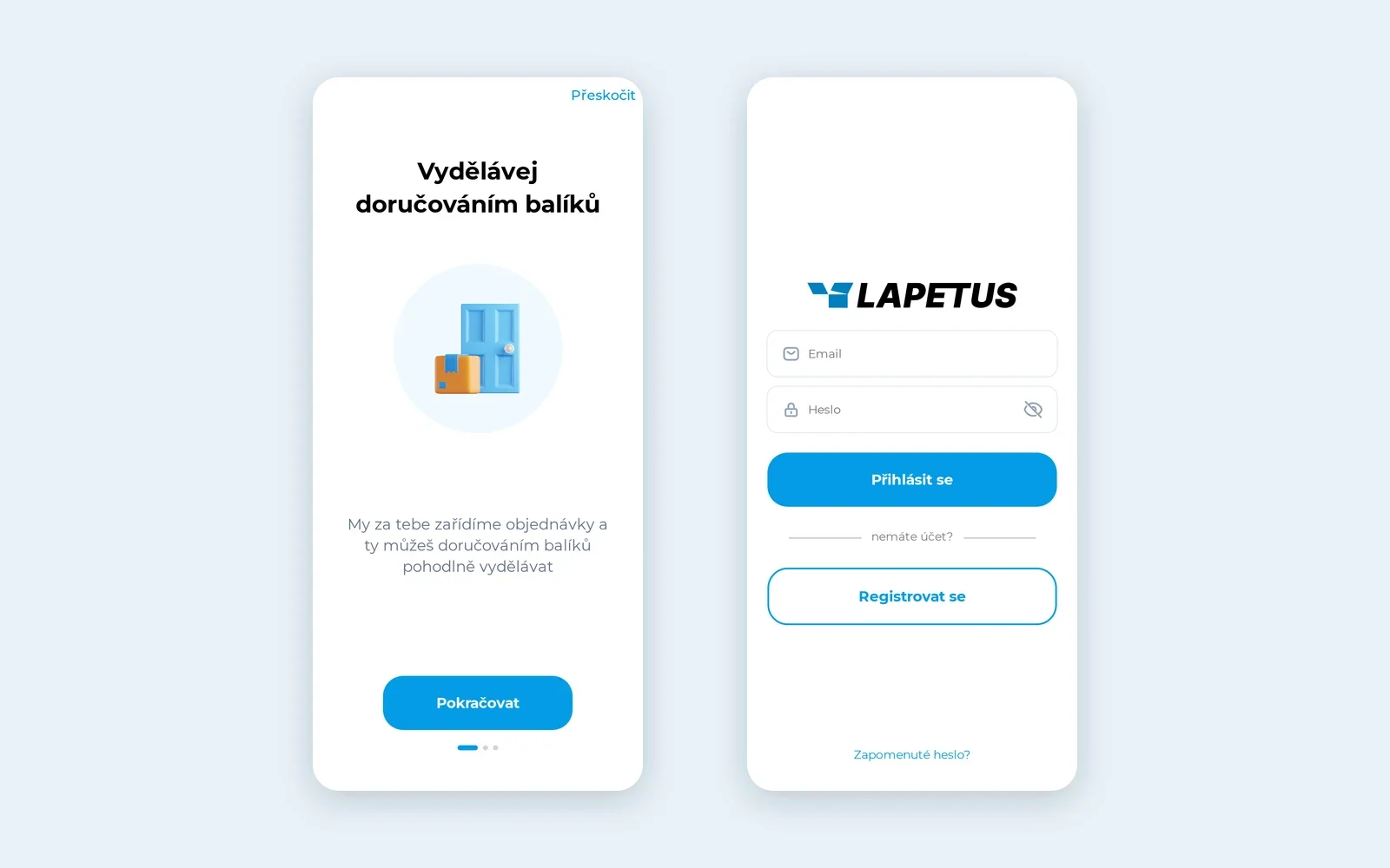 Onboarding s 3D ilustrací a heslem Vydělávej doručováním balíků, vedle přihlašovací obrazovka s logem Lapetus