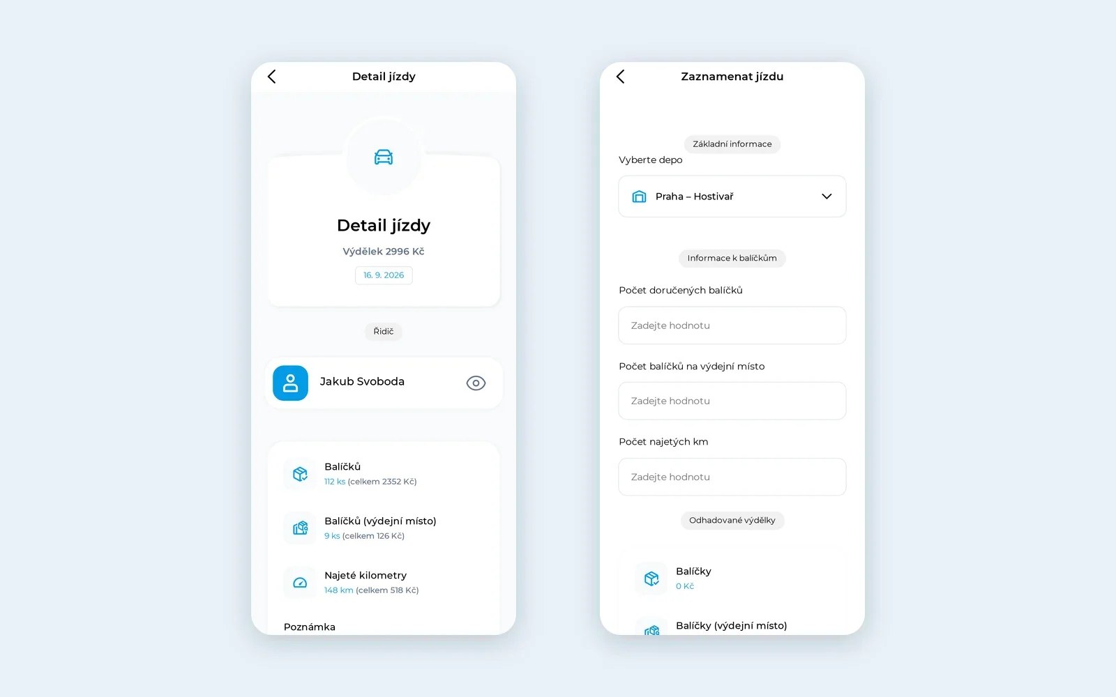 Detail jízdy s rozpisem výdělku po položkách, vedle formulář zápisu jízdy s odhadovanými výdělky
