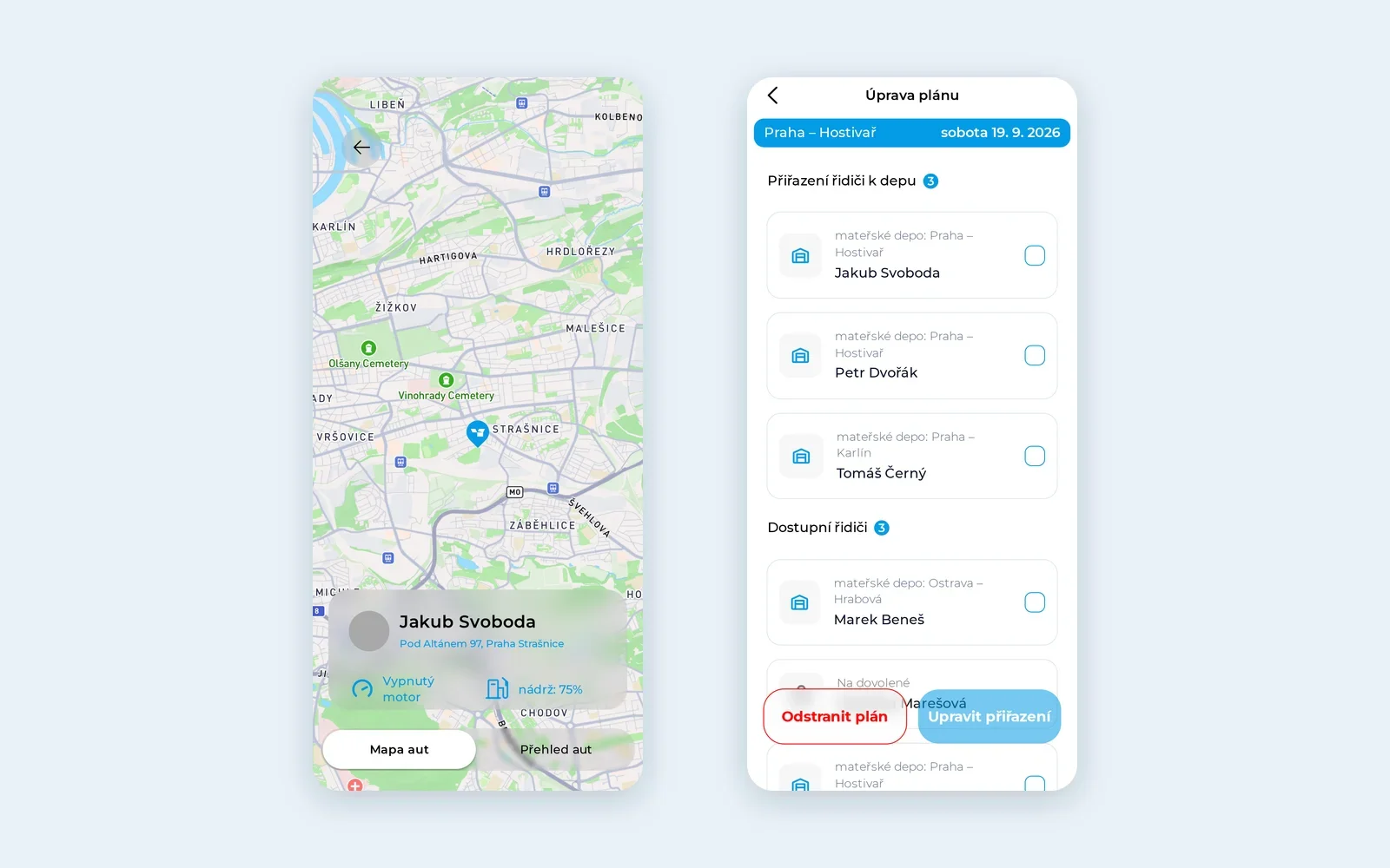 Živá mapa vozidel s kartou řidiče, vedle plánování směn s řidiči přiřazenými k depu