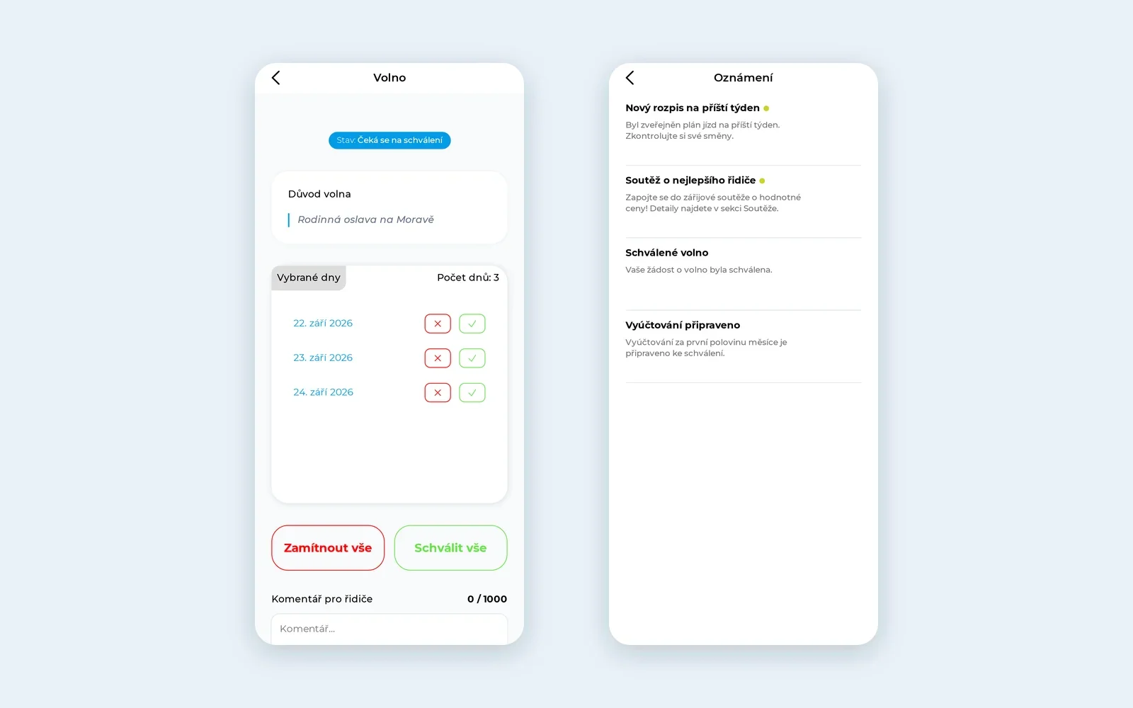 Schvalování dovolené po jednotlivých dnech, vedle notifikační centrum s oznámeními pro řidiče