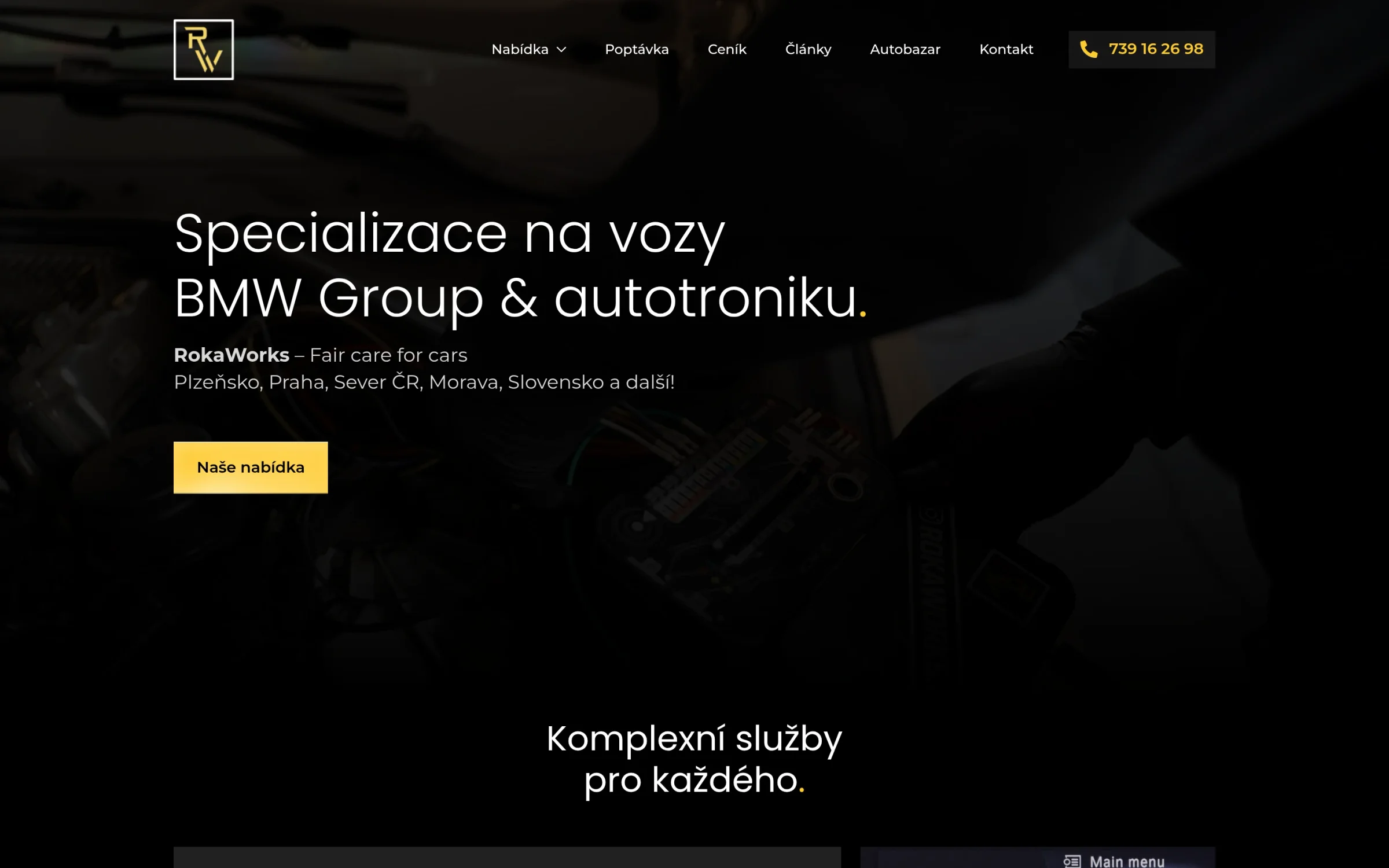 Hero homepage rokaworks.cz: Specializace na vozy BMW Group a autotroniku