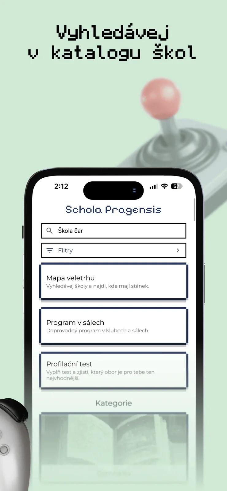 Bildschirm der App mit Schulkatalog, Suche und Filtern